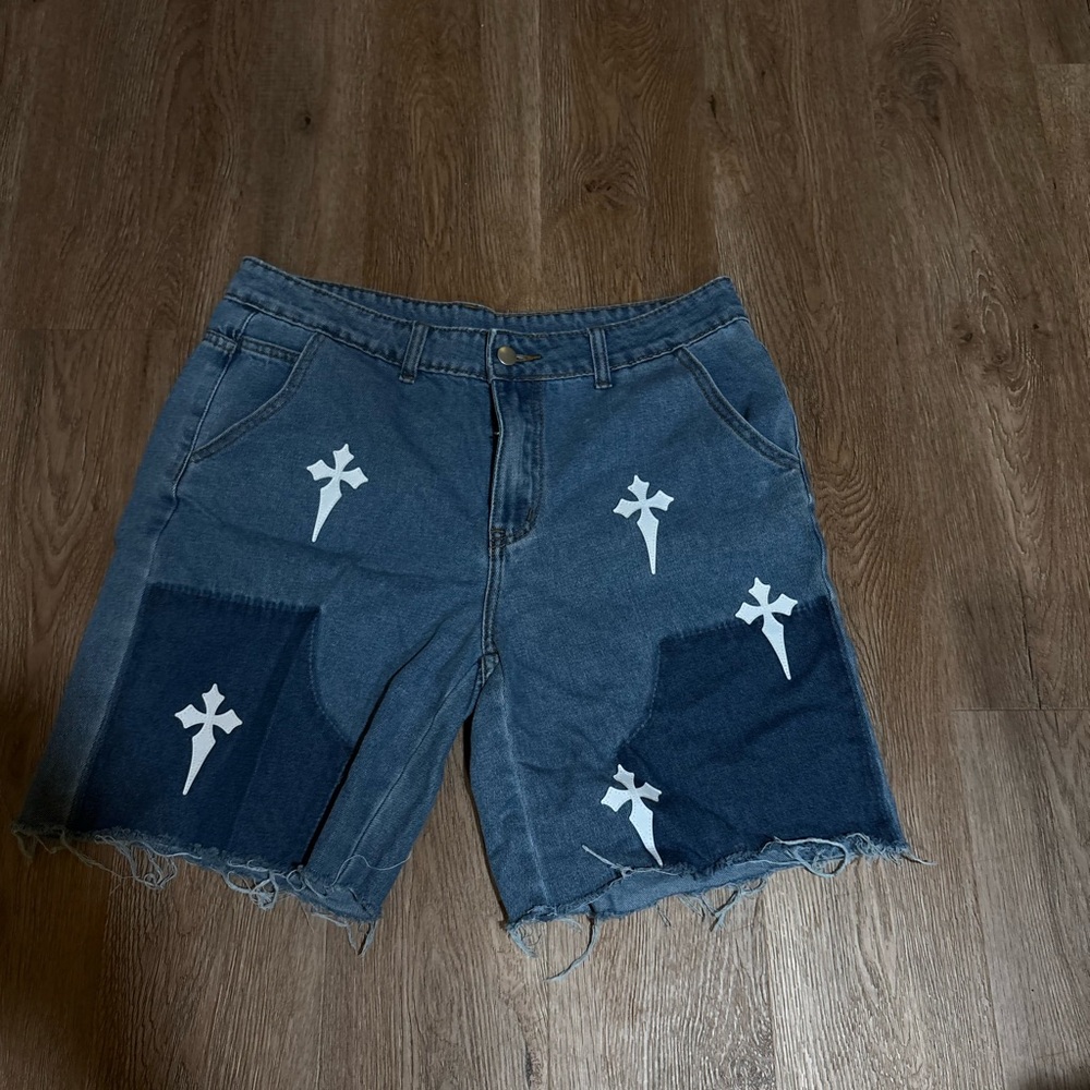 Blue Denim Shorts with White Crosses